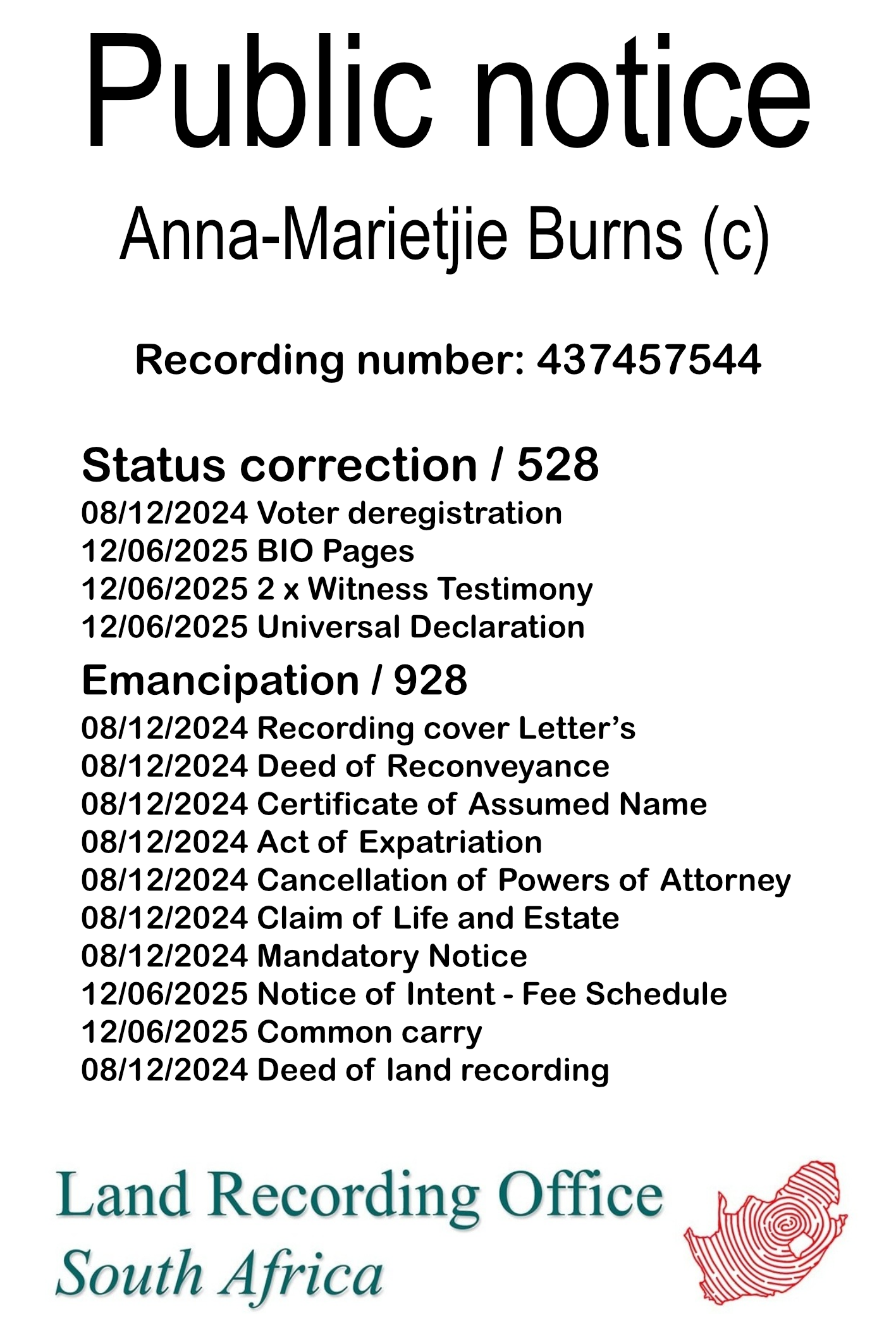 Public notice Anna-Marietjie Burns Recording number 437457544